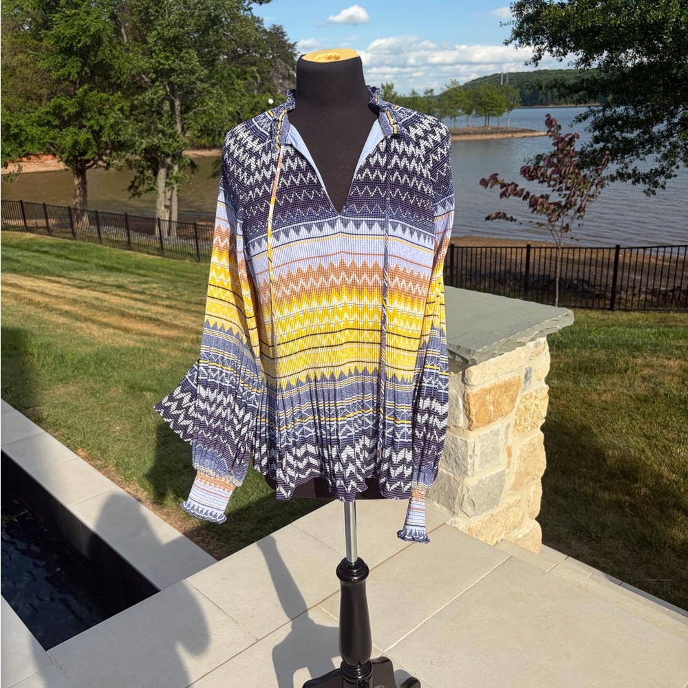 Ted Baker London Geometric Print Ruffle Neck Blouse Size 2 Boho Career Top